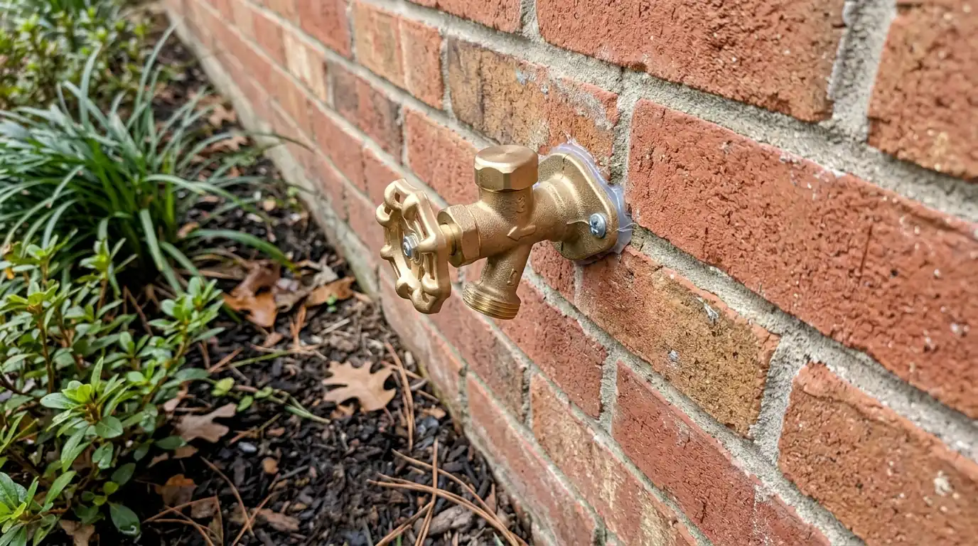 New frost-free sillcock installed on a brick wall of a Houston home