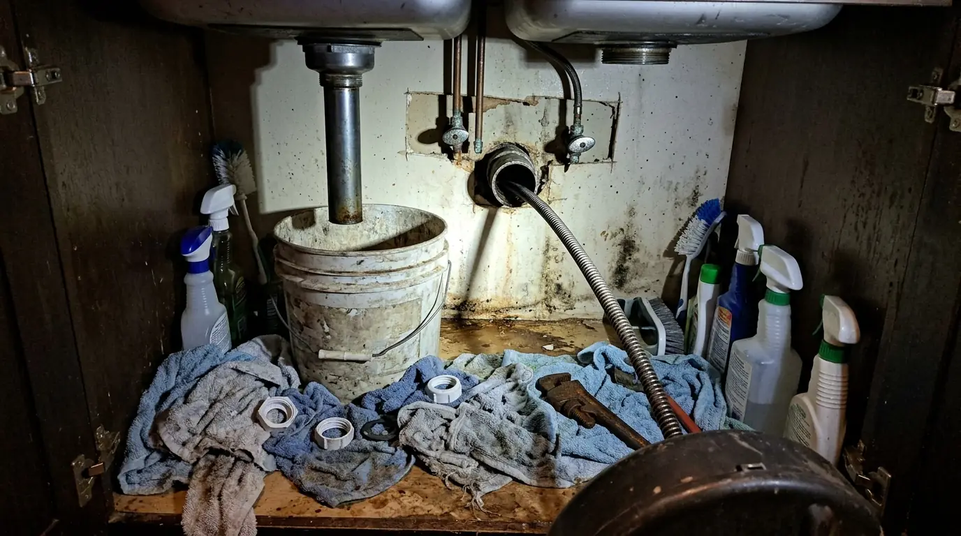 Kitchen sink drain being cabled from the trap arm in a Houston home