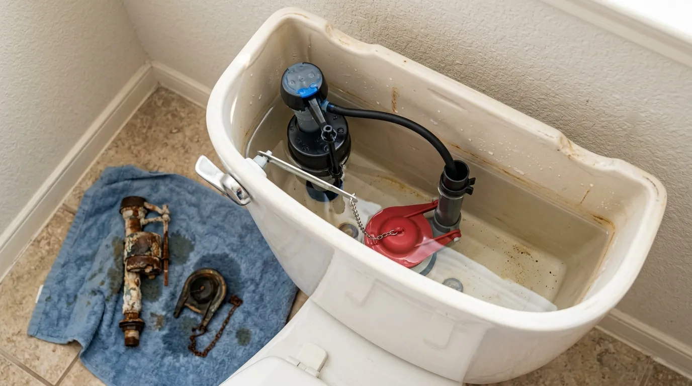 New fill valve and flapper installed in a toilet tank in a Houston home