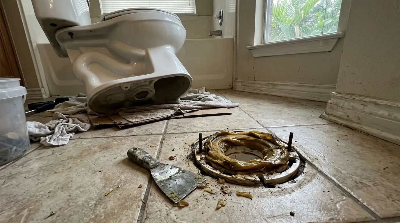 Failed wax ring under a toilet removed for a base leak repair in Houston