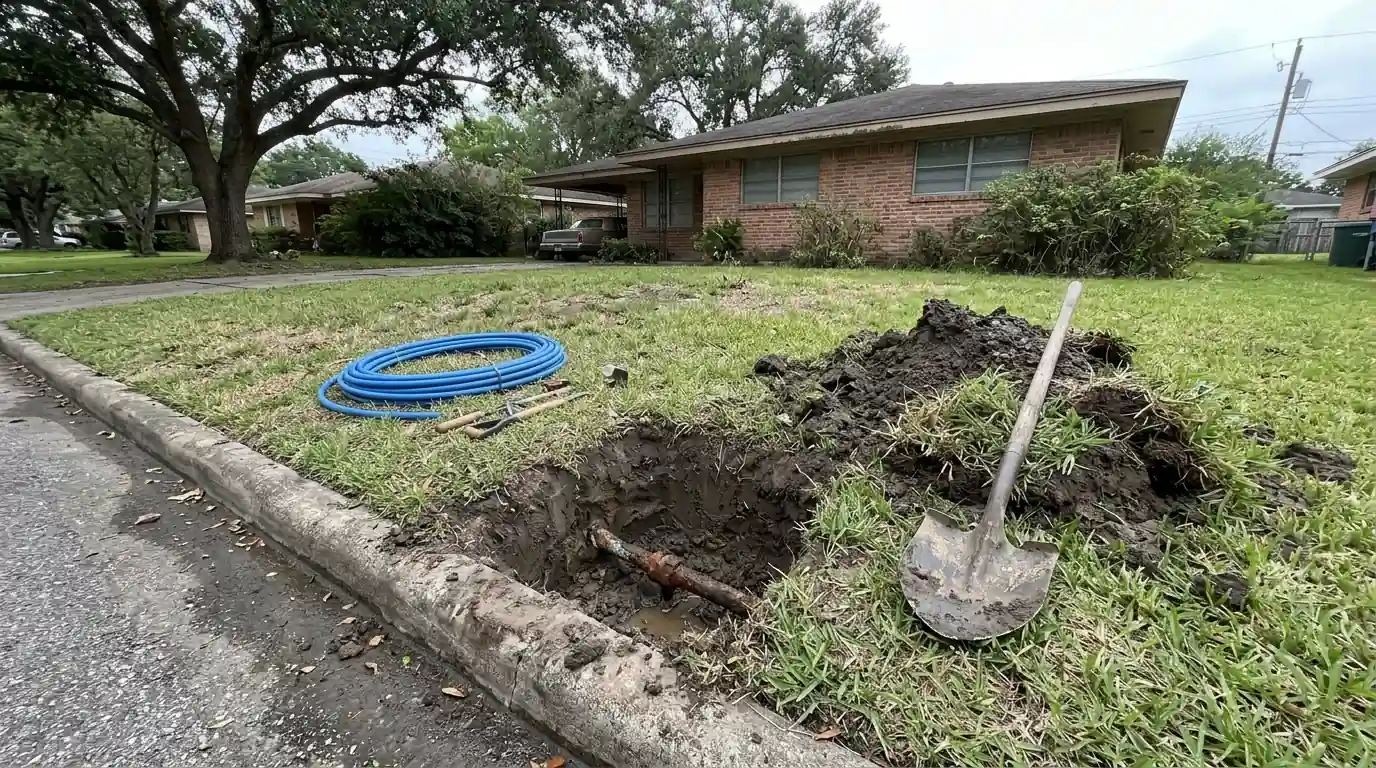 Water service line repair in the front yard of an Edgebrook home