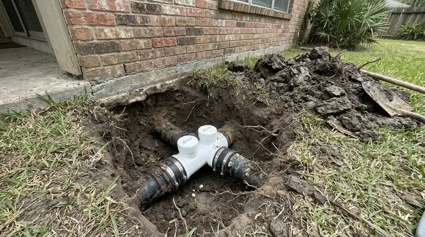 New two-way cleanout fitting joined to cast iron sewer pipe beside a Houston foundation
