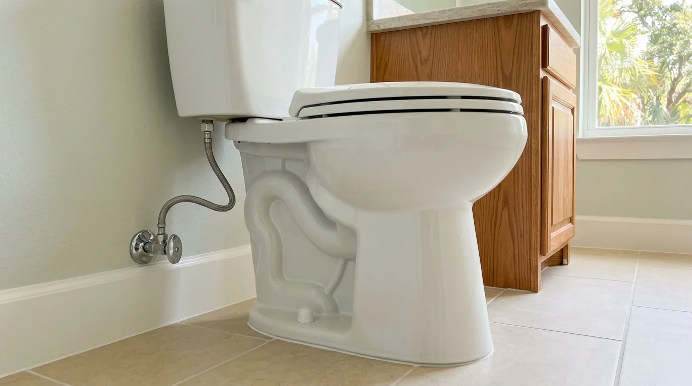 Newly installed comfort-height toilet with a new supply line in a Houston bathroom
