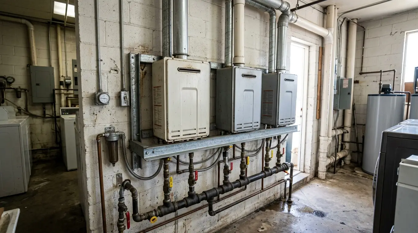 Rack of commercial tankless water heaters in a Houston utility room