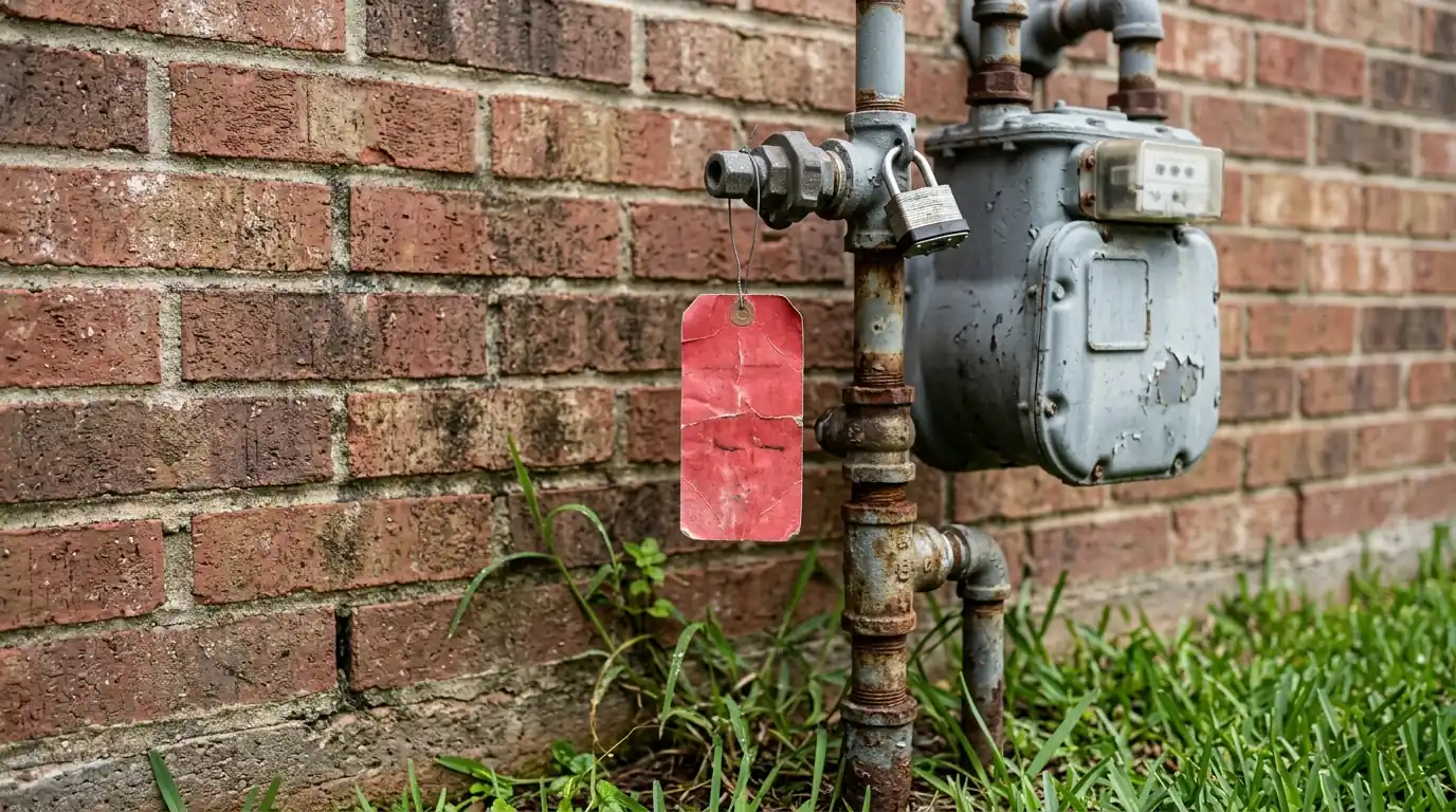 Red-tagged gas meter at a Houston home awaiting leak repair