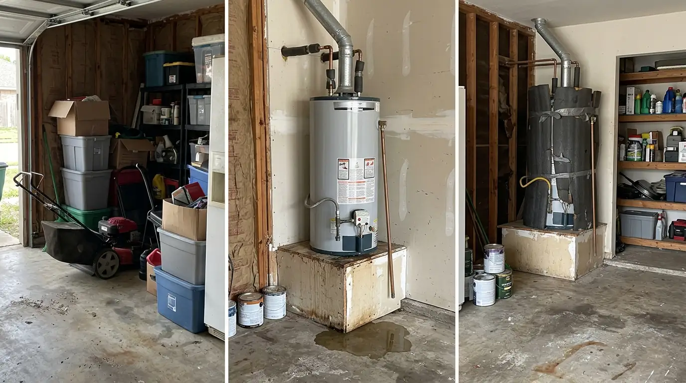 Garage tank water heater with insulated lines in a Channelview, TX home