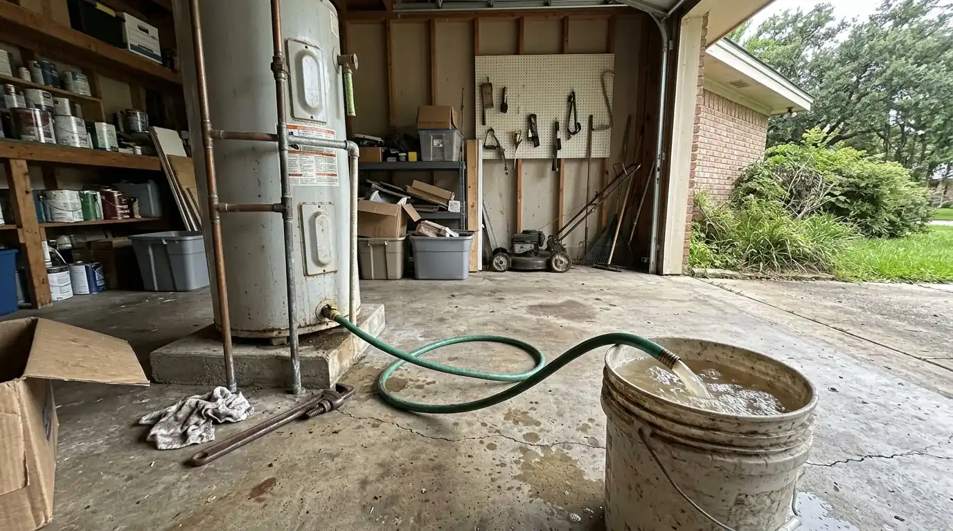 Water heater flush in the garage of a South Belt / Ellington home