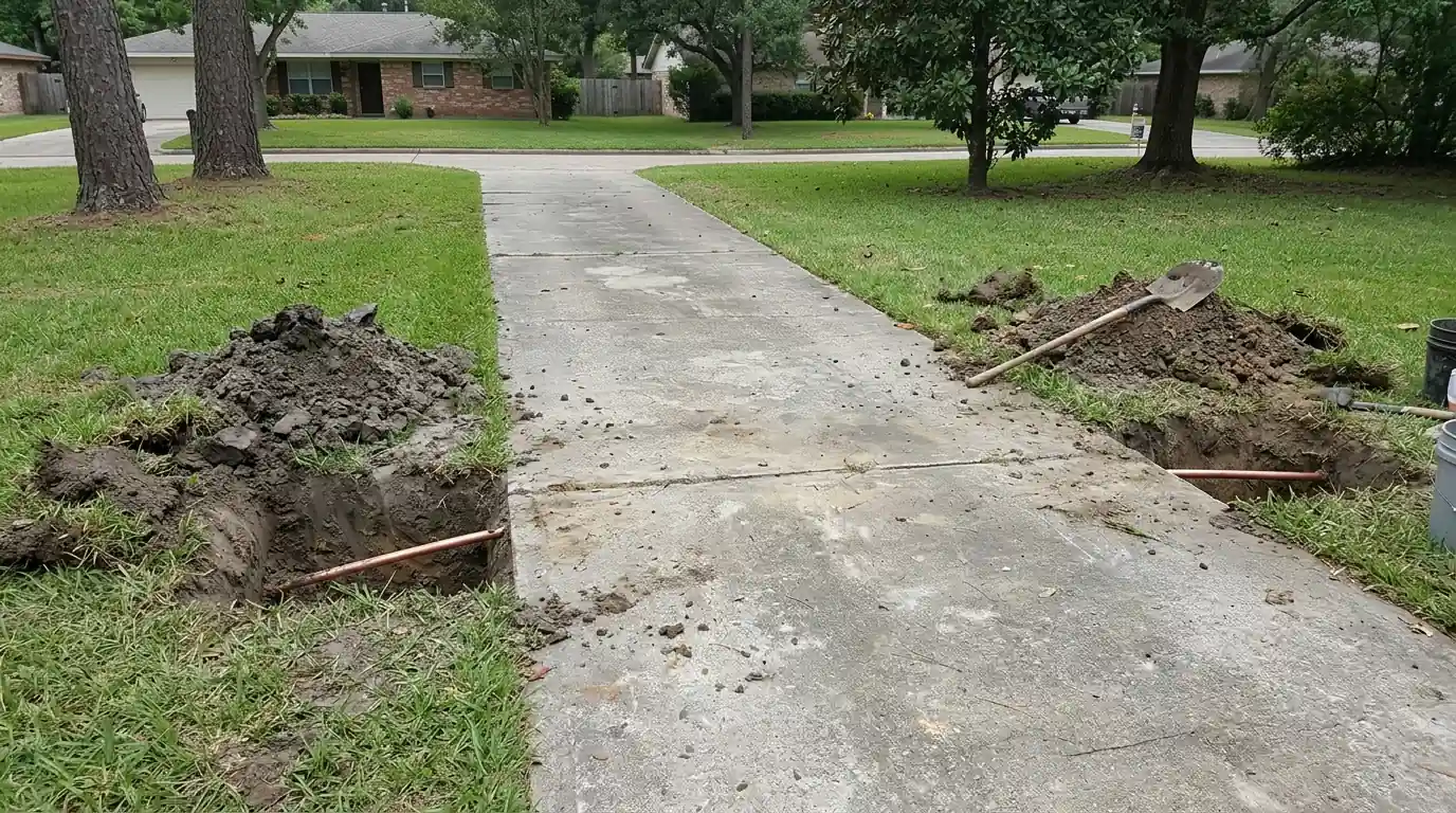 Boring pits for a new water line under a driveway at a Houston house