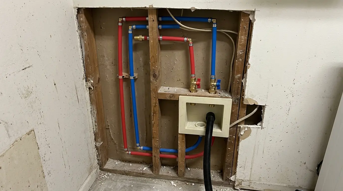 Utility wall after a PEX repipe with new shutoff valves