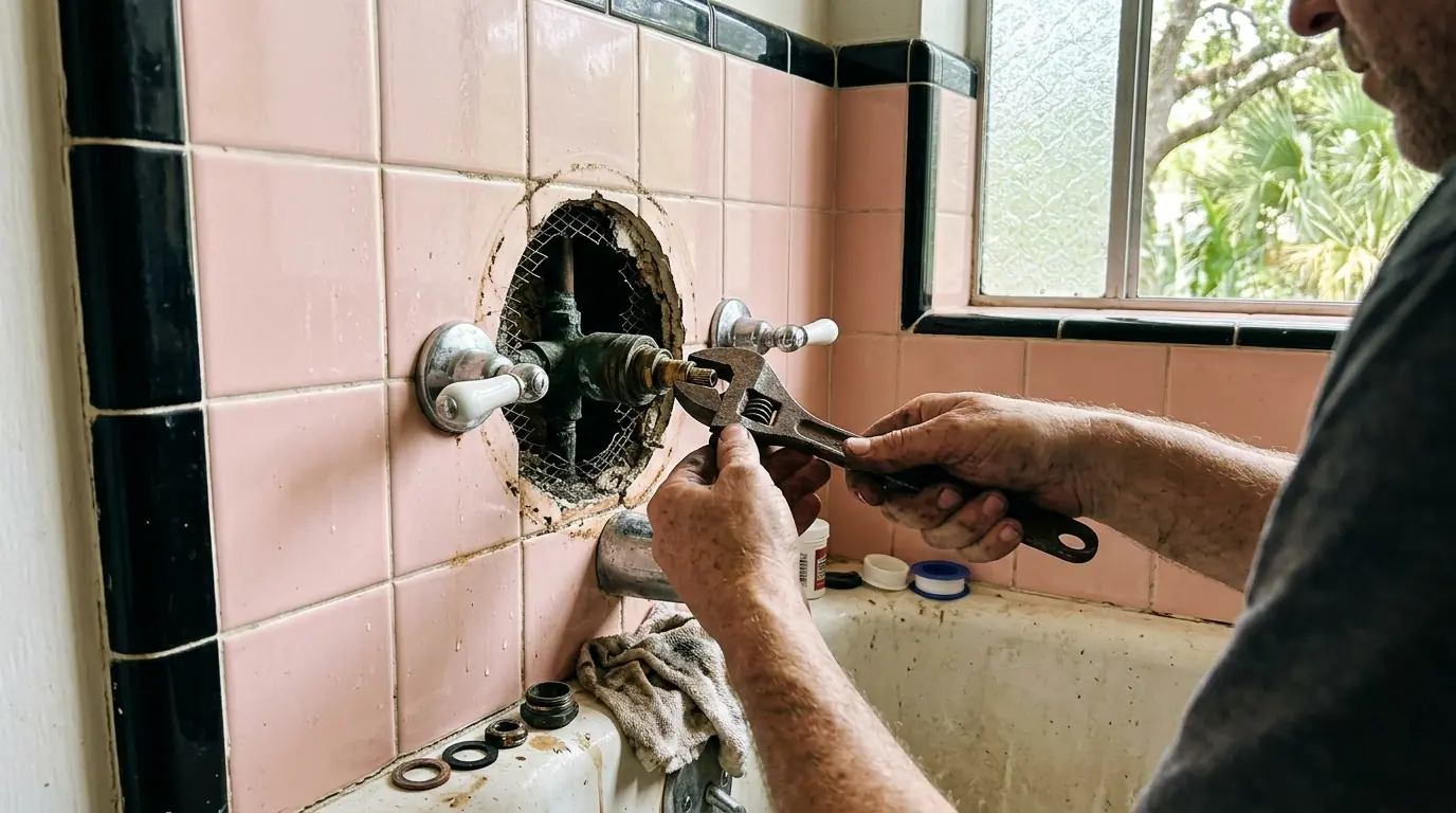 Rebuilding an original shower valve in a Glenbrook Valley bathroom