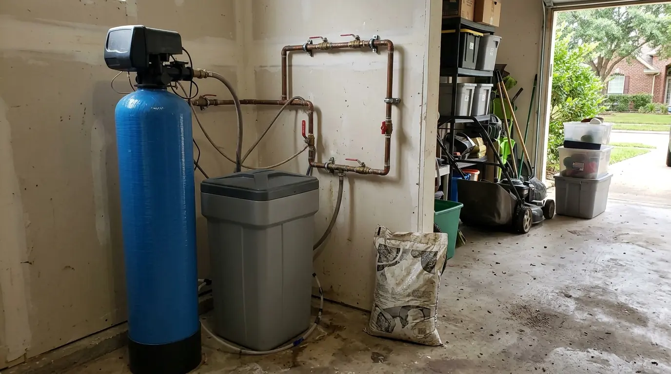 Water softener and brine tank installed in a Houston garage