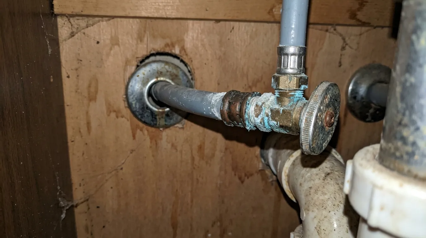 Gray polybutylene water lines with crimp rings running across attic joists in a Houston home