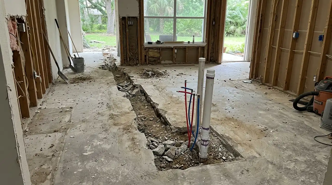 Island sink drain and supply lines trenched through a slab in a Houston kitchen remodel