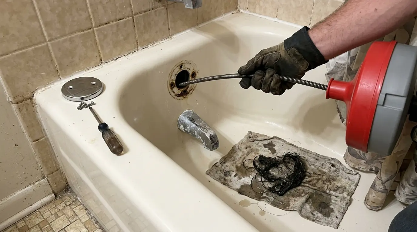 Tub drain cleared through the overflow in a Houston bathroom
