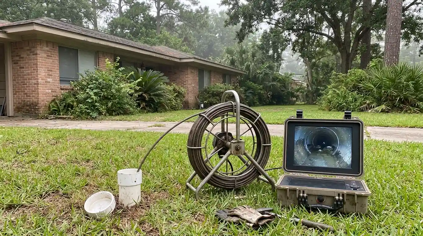 Sewer camera inspection through a yard cleanout at a Baytown, TX home