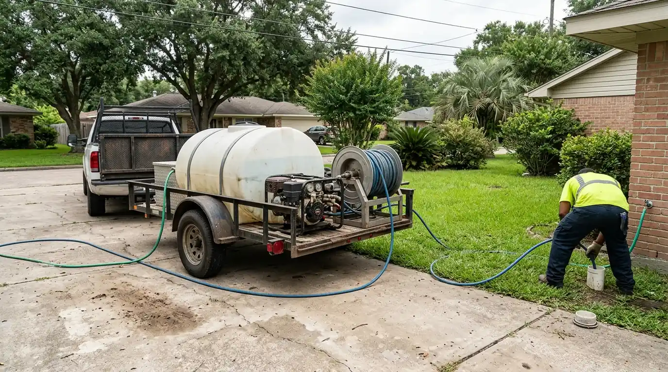 Hydro jetting equipment set up at a Houston home cleanout