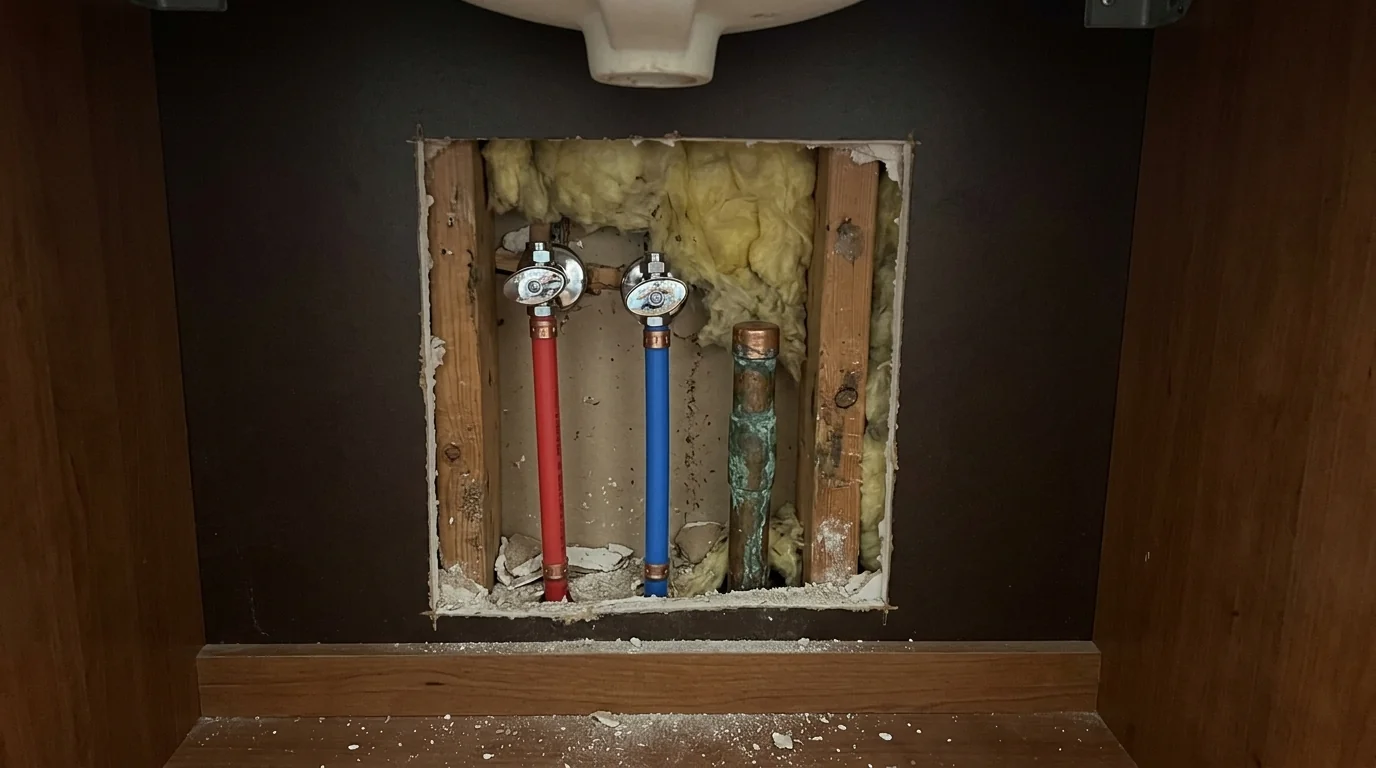 New PEX drops and stop valves behind a vanity after a Houston home repipe