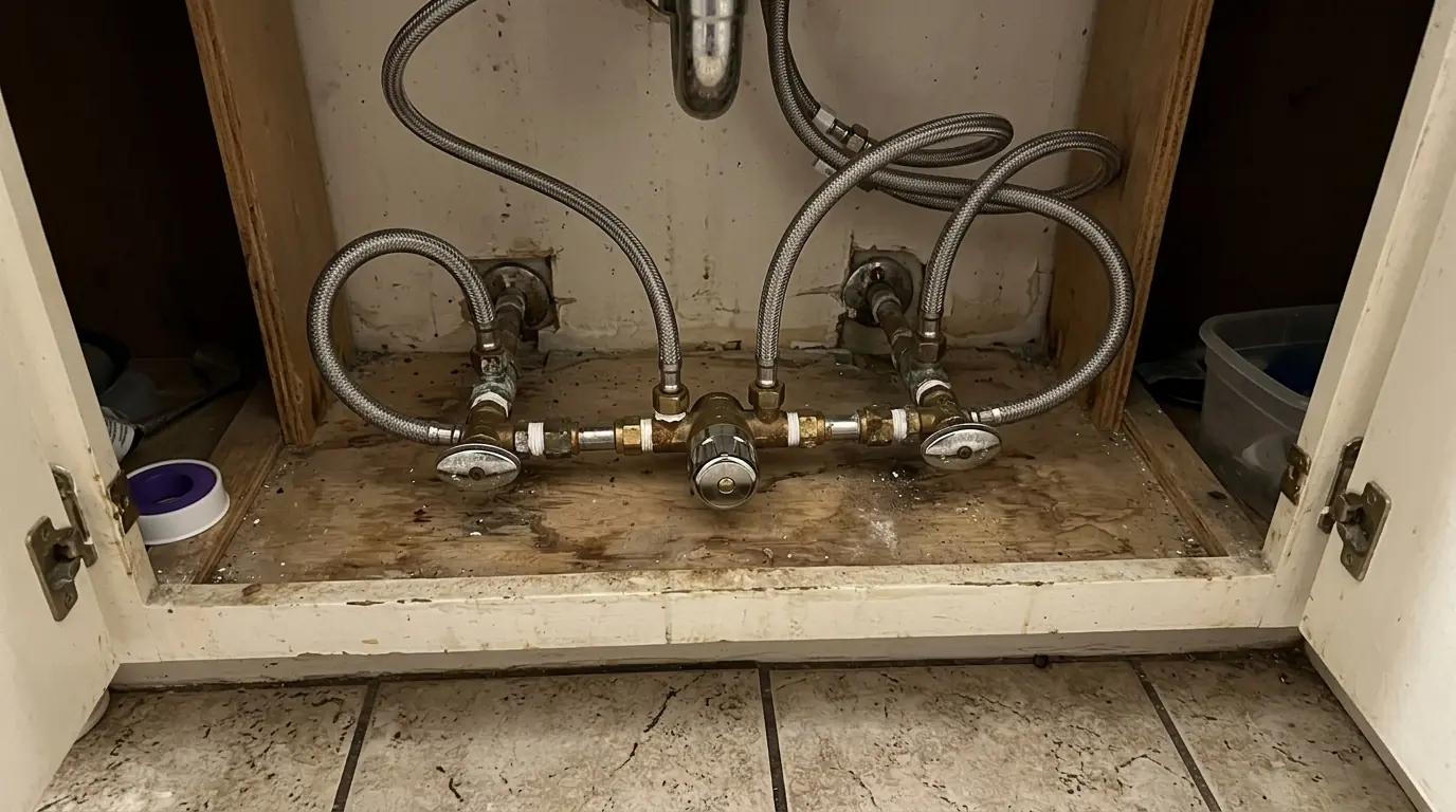 Under-sink crossover valve for hot water recirculation in a Houston bathroom