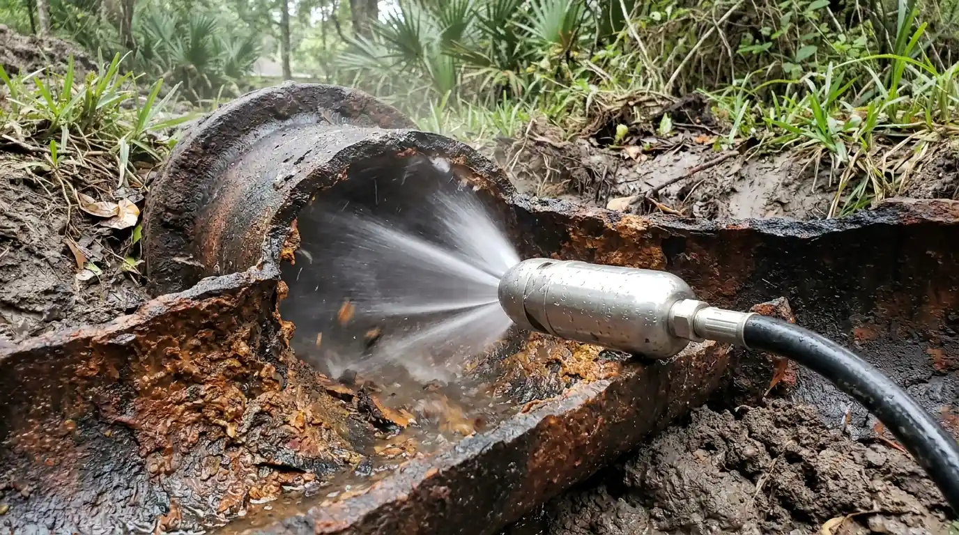 Jetting nozzle scouring scale from cast iron drain pipe