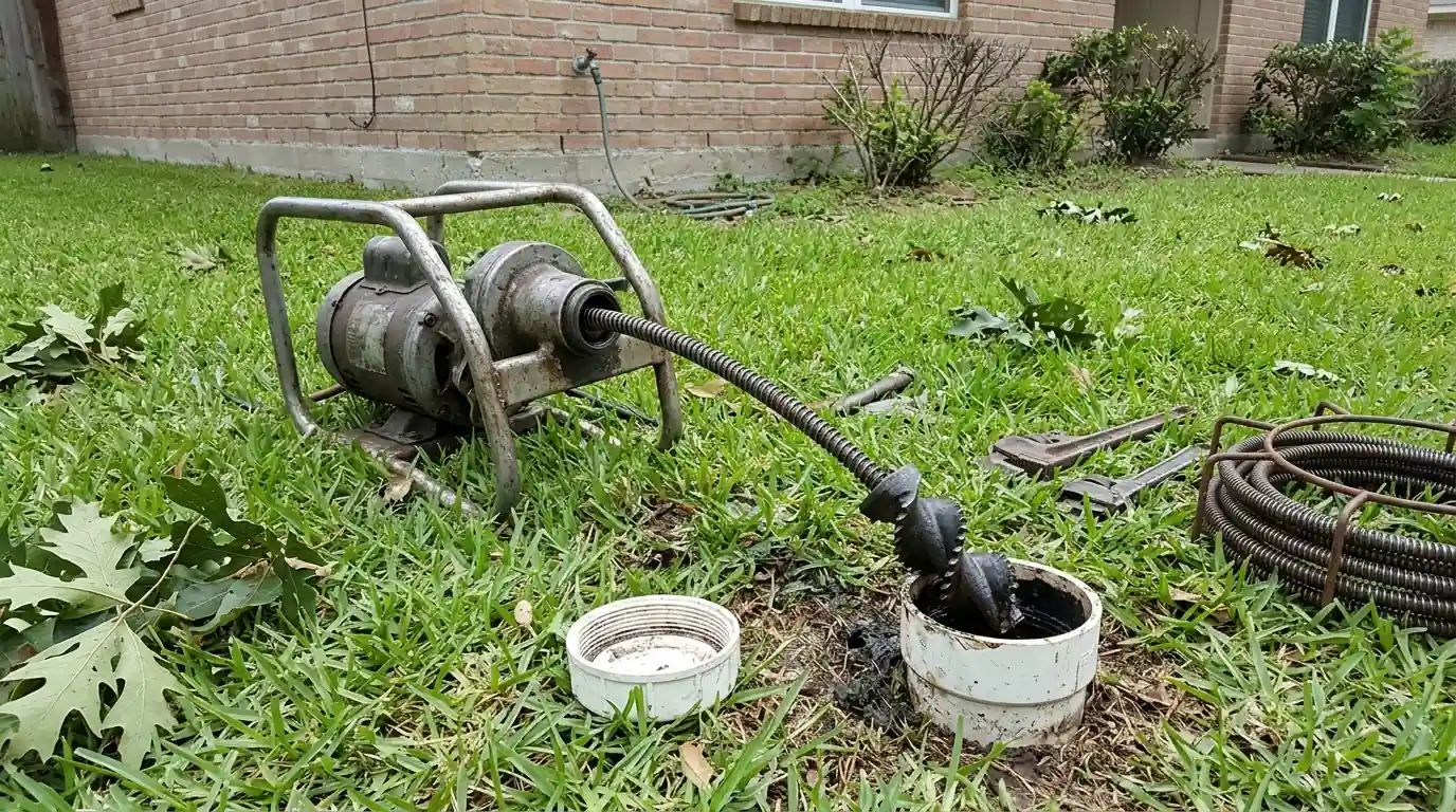 Main sewer line cleared from an outdoor cleanout at a Houston home